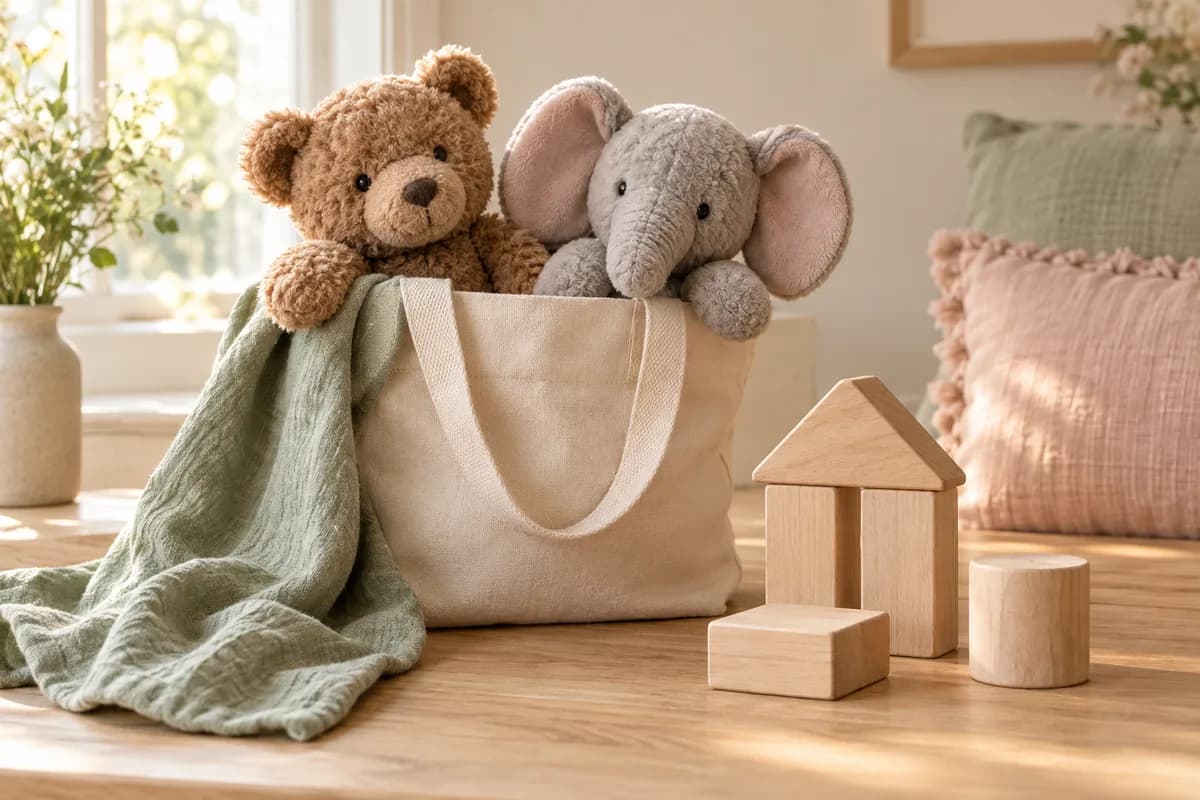 A cream tote holding two plush animals beside wooden blocks and a sage-green cloth on a pale oak surface