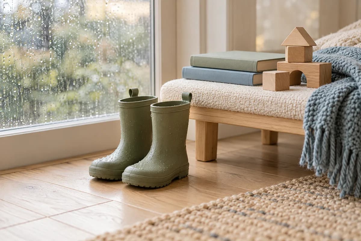 Sage rain boots beside a bench with picture books and wooden blocks, with raindrops on the window behind them